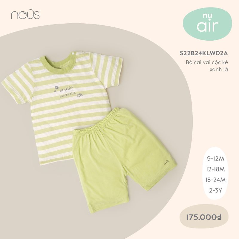 Quần áo cho bé trai, bé gái ngắn tay cài vai Nous - Chất liệu Nu Doux ( Size 12 tháng và 18 tháng)
