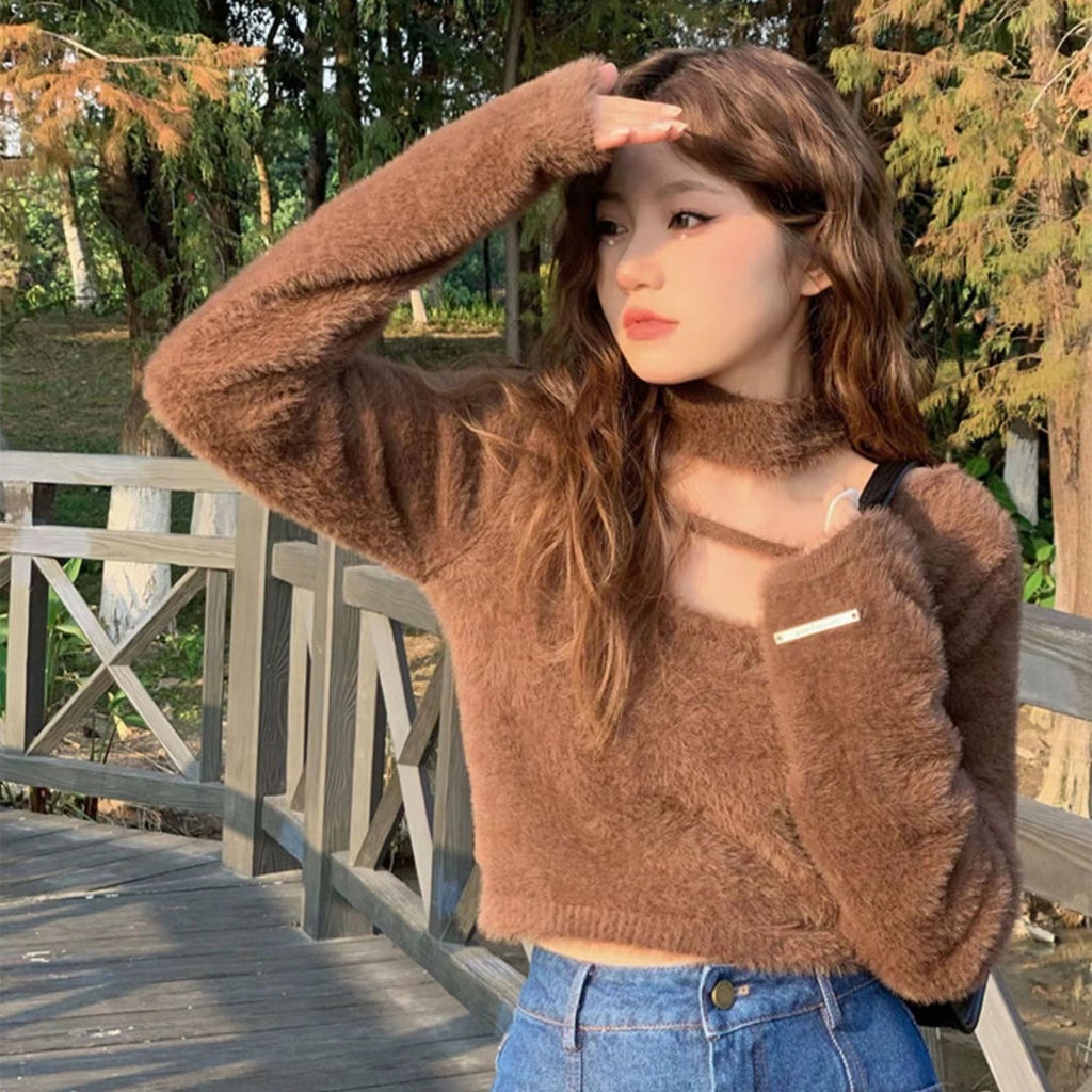 Áo sweater Lông Cừu Dáng Ngắn Kiểu Hàn Quốc Thiết Kế Quyến Rũ Cho Nữ