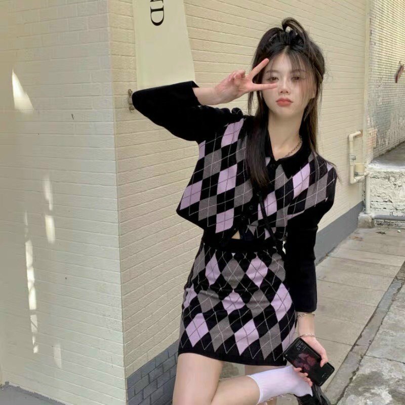 HOT Set áo len polo kẻ sọc dài tay + chân váy đẹp xinh thời trang tiểu thư xinh xắn mẫu mới Hàng Quảng Châu Cao Cấp