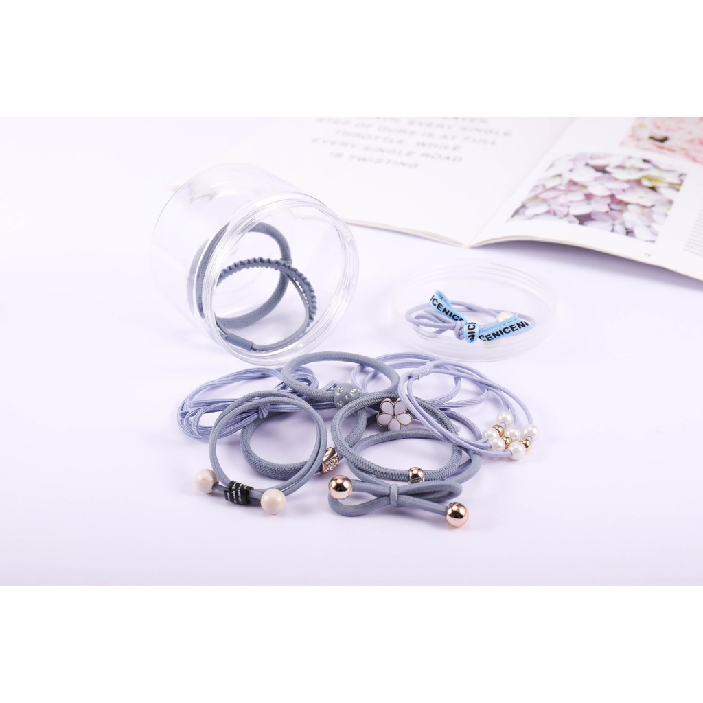 Hộp 12 dây cột tóc Hàn Quốc đẹp, trẻ trung (Xanh nhạt)