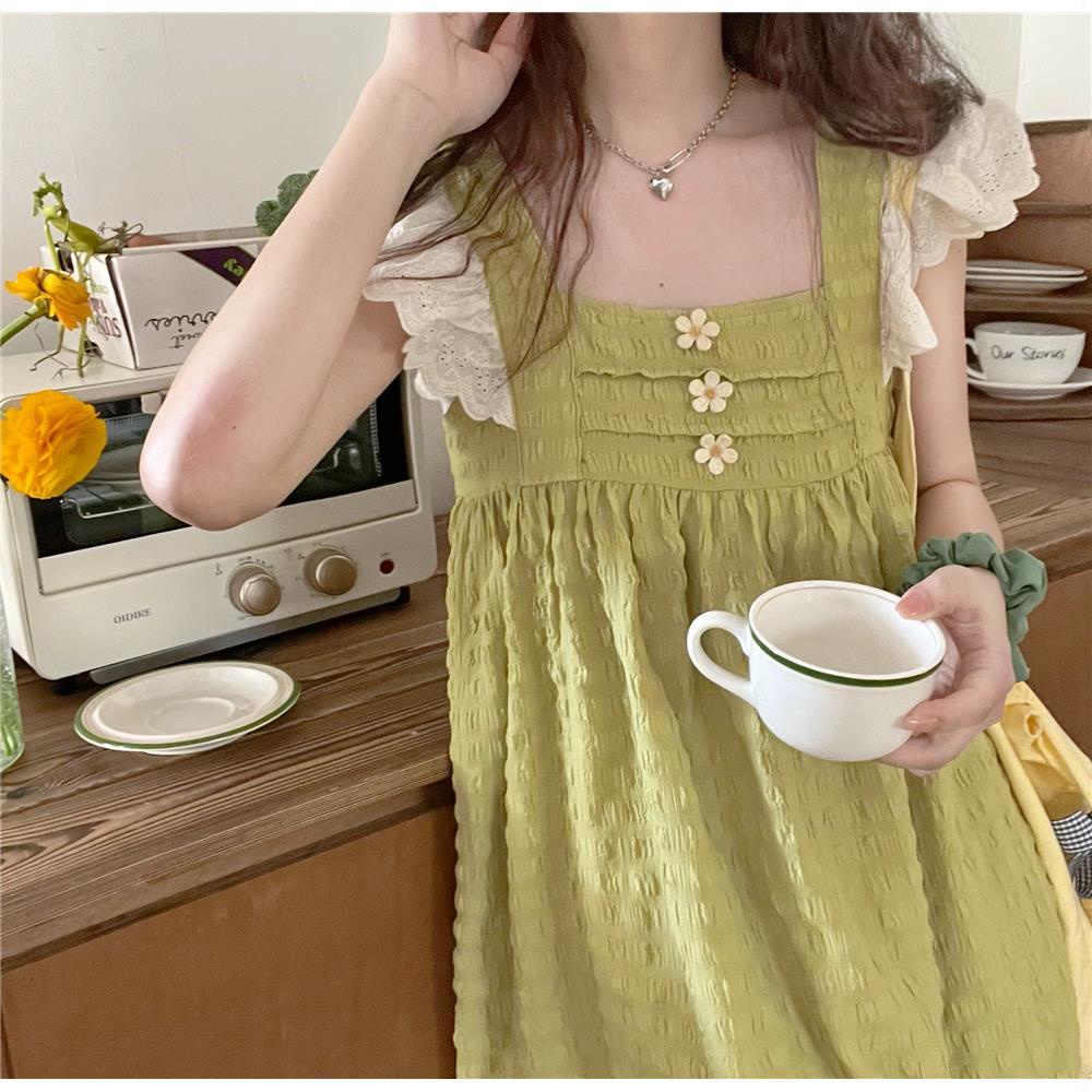 Đầm Chữ A Tay Cánh Tiên In Họa Tiết Hoa Cúc Nhỏ Phối Ren Màu Sắc Ngọt Ngào Dành Cho Nữ