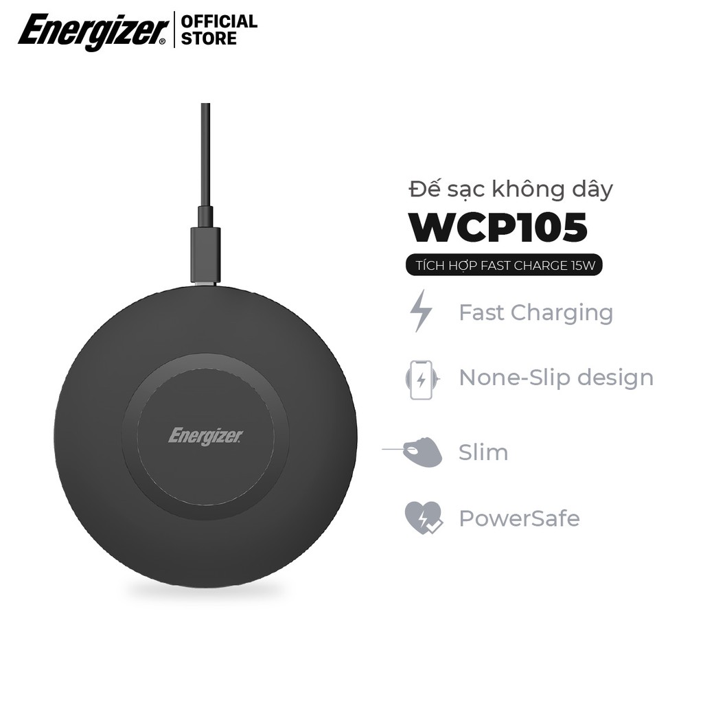 [Mã 2404EL10K giảm 10K đơn 20K] Đế sạc không dây Energizer 15W kèm cáp MicroUSB - WCP105BK