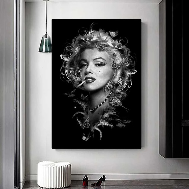 Tranh Vải Bạt Treo Tường In Hình Cô Gái Hút Thuốc marilyn monroe Trắng Đen Trang Trí Nhà Cửa