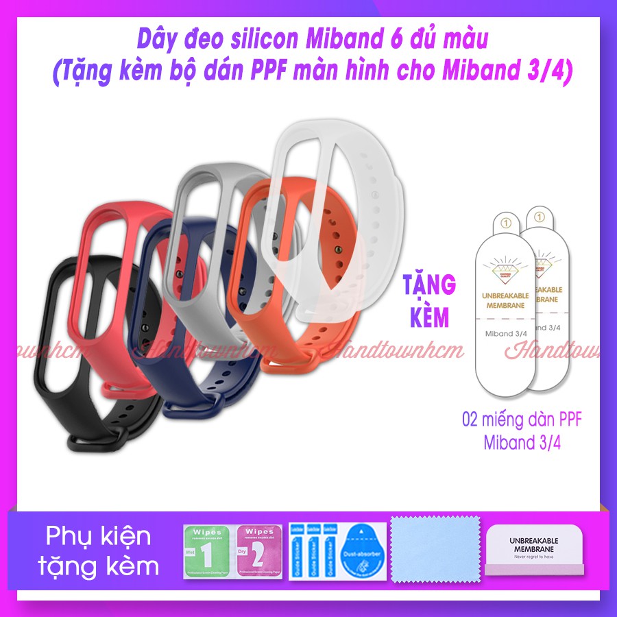 Combo Dây Silicone đeo màu thay thế Xiaomi Mi Band Miband 3/4 đủ màu Kèm 2 chiếc dán PPF Mặt Trước