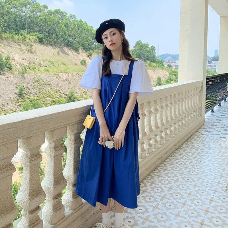 Set Đầm Yếm Màu Xanh Dương Phong Cách Pháp Thời Trang Mùa Hè Mới Cho Nữ