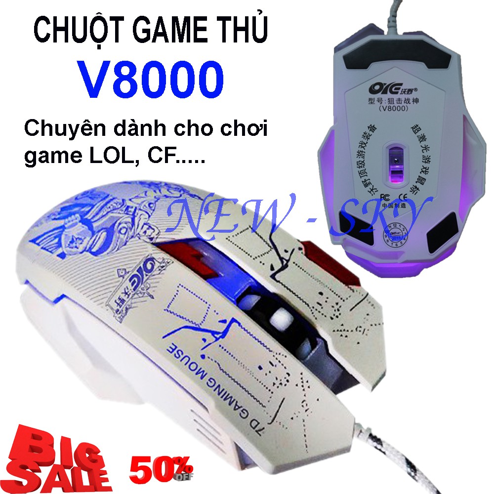 Chuột Game Thủ V8000 Có Đèn Led Đổ Màu Liên Tục Với Con Lăn Thiết Kế 4D Giúp Chuột Di Chuyển Nhanh, Mượt