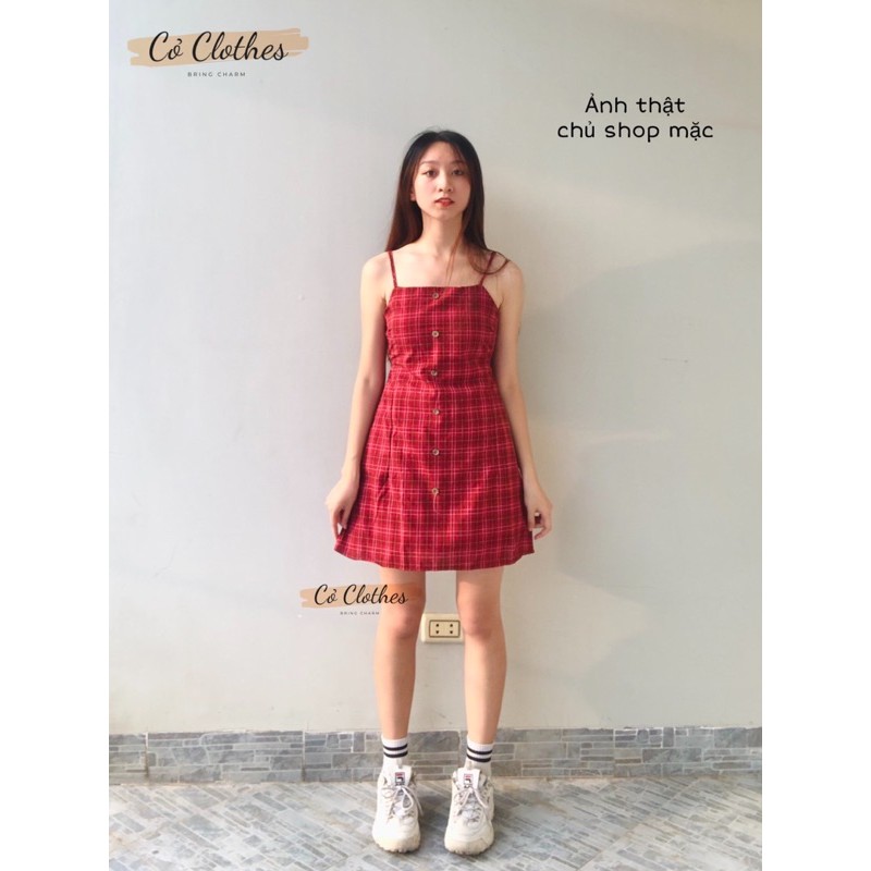 Váy 2 dây kẻ nơ lưng phong cách Ulzzang - Đầm dáng xoè 2 dây lẻ đỏ caro