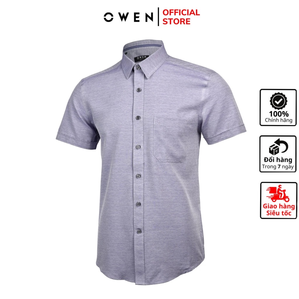 Áo sơ mi nam ngắn tay OWEN AS90535NT somi công sở vải cafe cao cấp màu xanh tím dáng ôm tà lượn có túi
