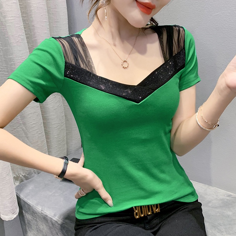 áo thun tay ngắn nữ V Phối Lưới Thời Trang Mùa Hè Cho