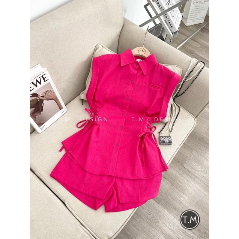 Set áo thắt nơ eo + short.