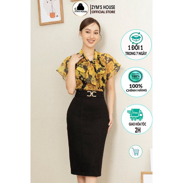 Áo sơ mi nữ ngắn tay kiểu nơ cổ họa tiết hoa vàng ZYM'S HOUSE K1012