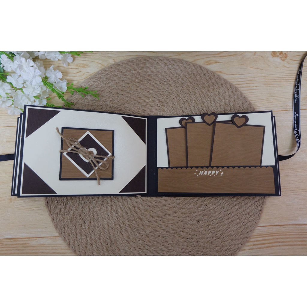 Scrapbook size A5 30 ảnh tone nâu vân gỗ kèm túi hộp