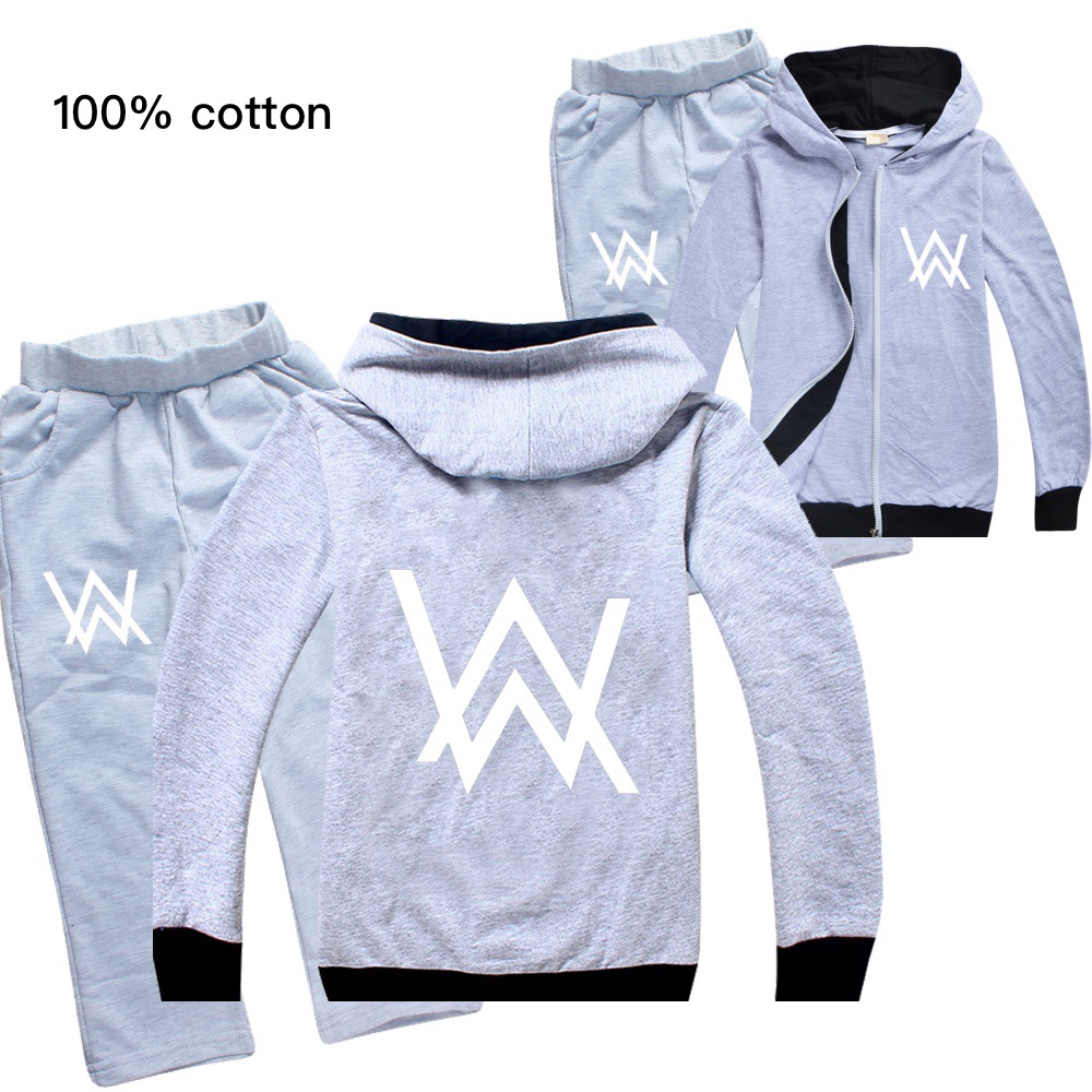 Set Áo Khoác Hoodie Có Khóa Kéo + Quần Dài In Chữ Alan Walker Năng Động Thời Trang Cho Bé