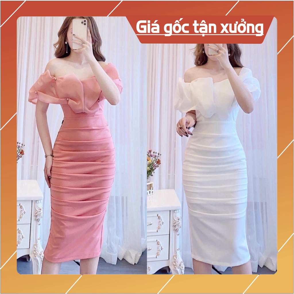 Đầm nữ body phối voan xếp ly kết cườm quý bà dạ yến xa hoa với 2 sắc màu (Hồng, Trắng). |Xưởng thời trang nữ thiết kế