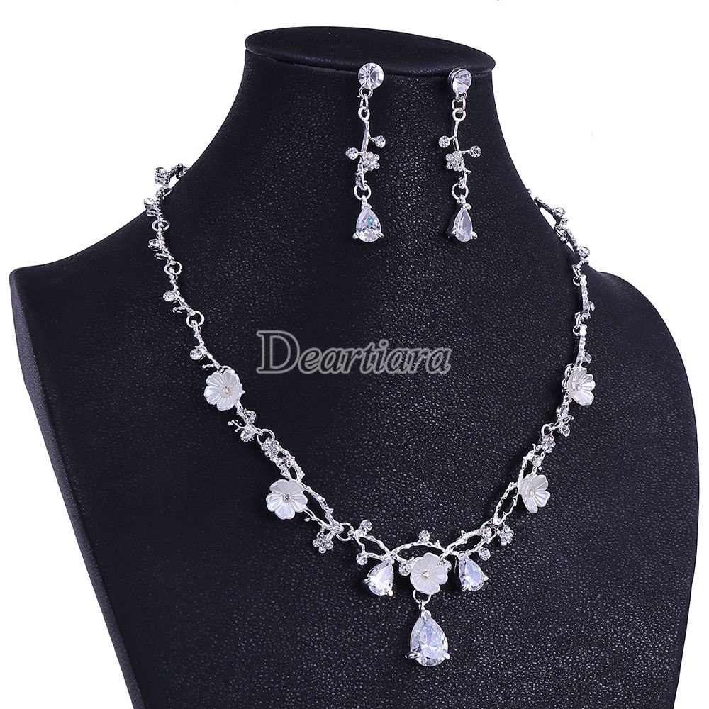 Bộ Vòng cổ Và Khuyên Tai Hình Hoa Đính Đá Zircon Thời Trang