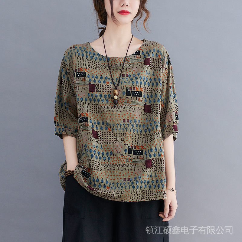 Áo Thun 100% Cotton Nguyên Chất Tay Ngắn Dáng Rộng Phong Cách Dân Tộc Cổ Điển Dễ Phối Đồ Cho Nữ 2021