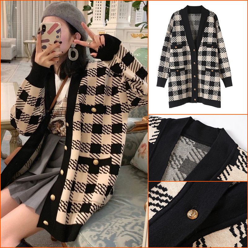 Áo Cadigan Len Kẻ Ô Fom rộng