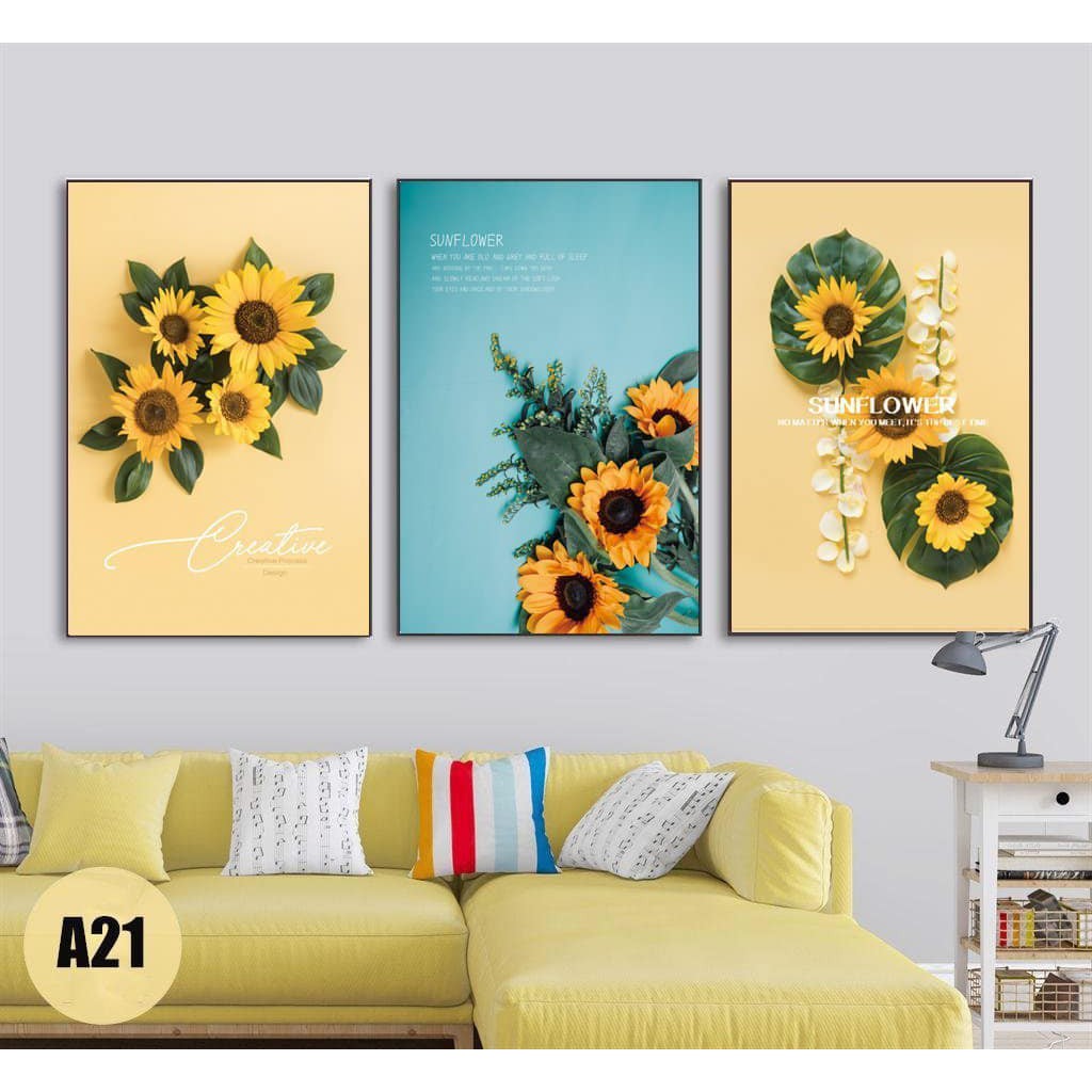Tranh treo tường phòng khách, phòng ngủ đẹp - Bộ 3 bức tranh treo tường canvas hoa hướng dương