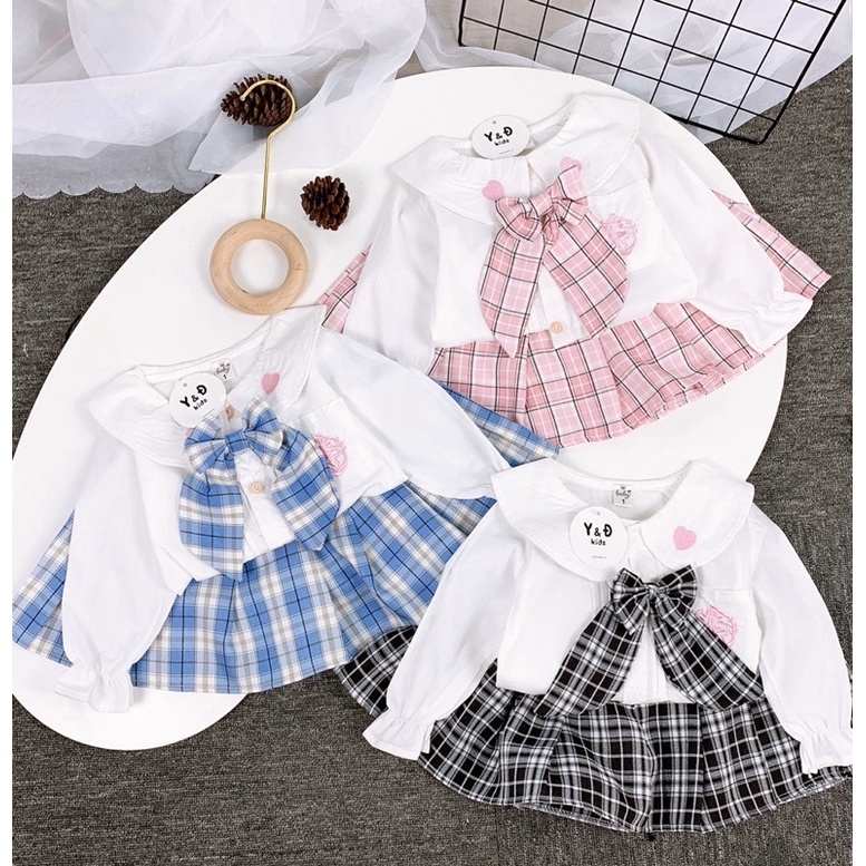 Set học sinh áo sơmi thêu hoạ tiết dễ thương kèm nơ có thể tháo rời + chân váy kẻ có lót trong size 18-25kg
