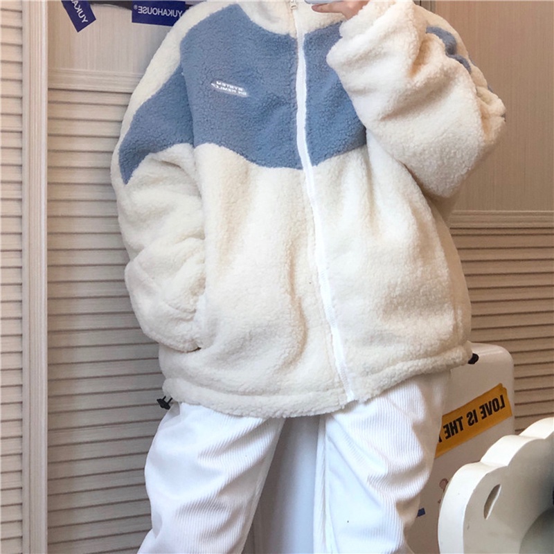 Áo khoác giả lông cừu dáng rộng phối khóa kéo màu tương phản phong cách Hàn Quốc cho nữ