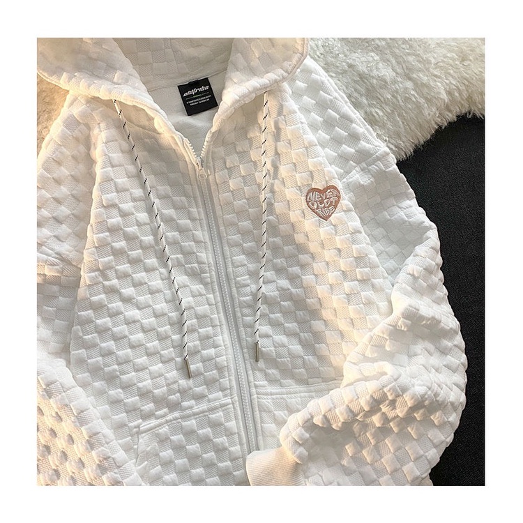 Áo khoác hoodie nỉ khóa kéo vân nổi phong trái tim cách Hàn Quốc