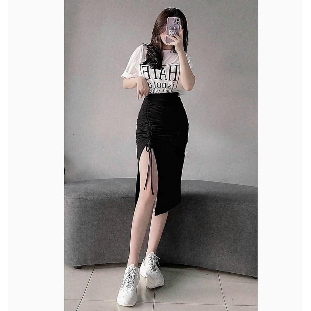 Set Áo Kèm Chân Váy Xẻ Tà In Hate
