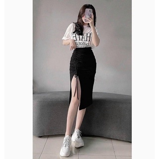 Set áo kèm chân váy xẻ tà in hate
