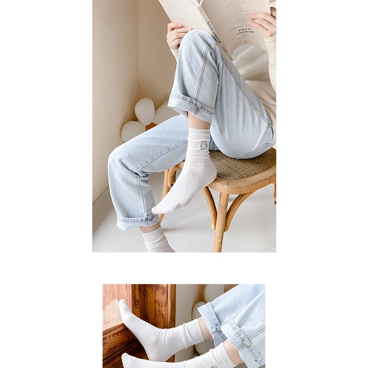 Tất trắng gân nữ Cổ cao Vớ nữ Cao cổ In hình thú Chất Cotton Cao cấp Mềm mịn Thấm hút mồ hôi Hàn Quốc