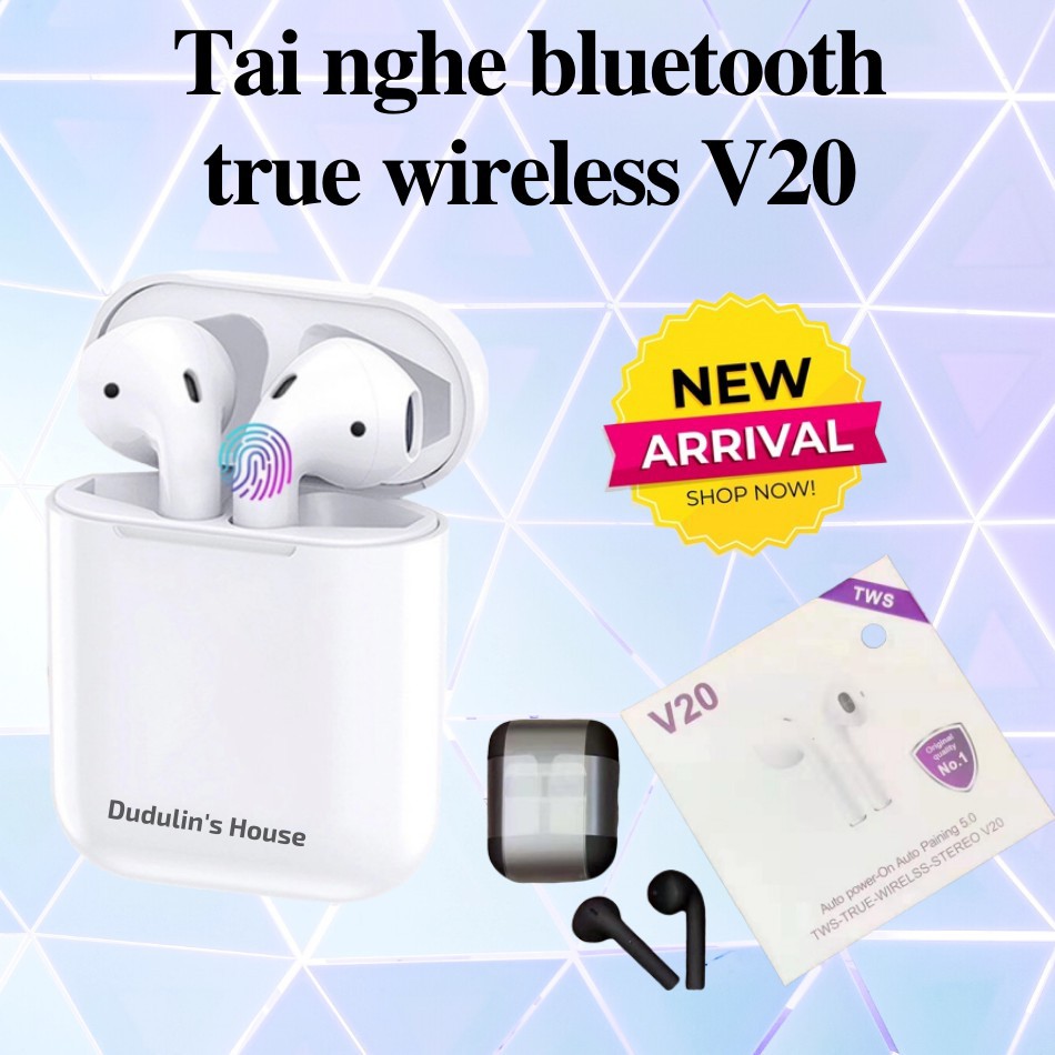 Tai nghe bluetooth V20, 2 tai, nghe nhạc đàm thoại âm thanh rõ, pin sử dụng lâu, sạc lại nhanh, Bluetooth 5.0 mới nhất