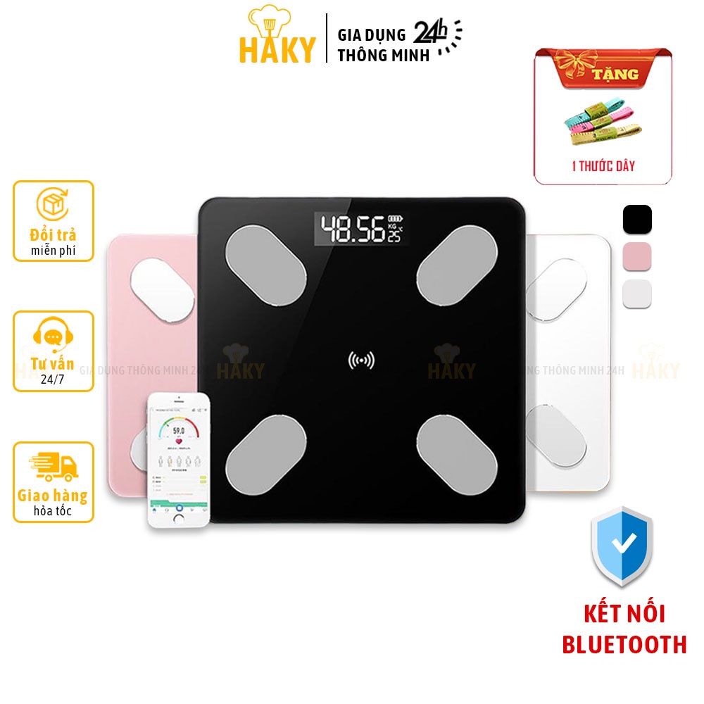 Cân điện tử đo chỉ số sức khỏe kết nối Bluetooth thông minh HAKY020, đo và phân tích lượng mỡ, cơ, nước qua app OKOK