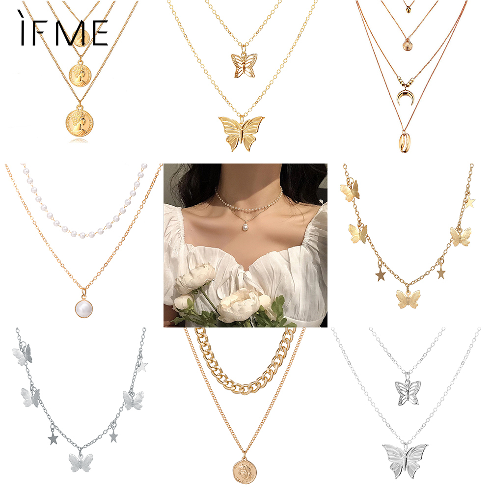 IF ME Vòng cổ nhiều lớp mặt hình bướm đính ngọc trai thời trang dành cho nữ