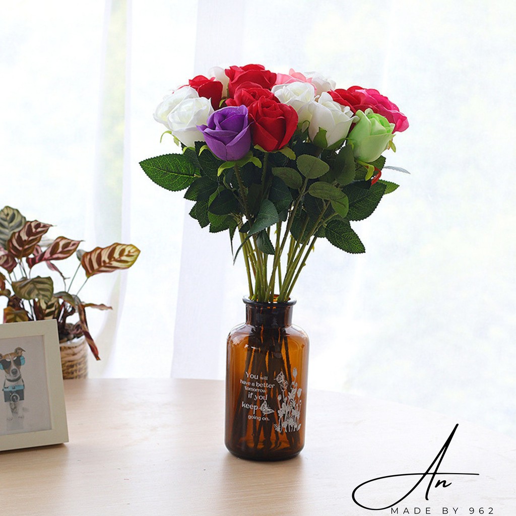 Hoa hồng giả vải nhung, hoa lụa nhân tạo trang trí nhà cửa, lọ thủy tinh, decor phông chụp ảnh