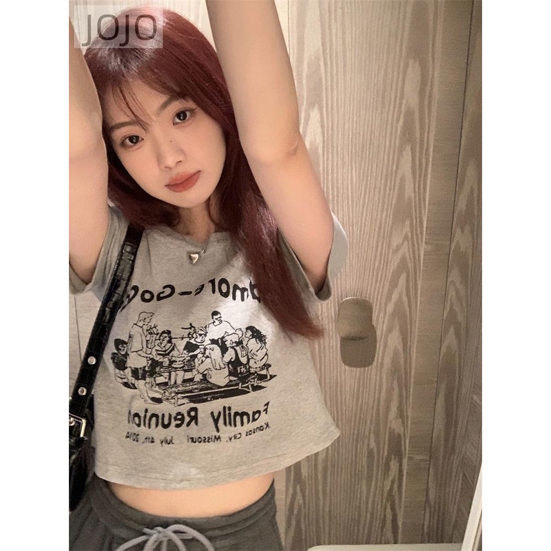 Áo Thun Ngắn Tay Hở Vai In Họa Tiết Phong Cách Retro Mỹ Dễ Phối Đồ Cho Nữ