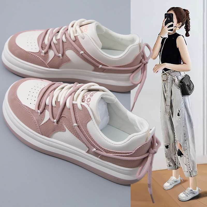 Giày thể thao nữ bánh mì màu hồng , giày nữ đế cao 3 cm quảng châu hàng đẹp full box