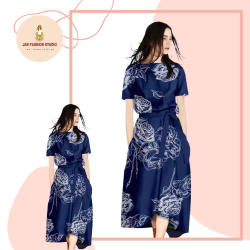 Váy thiết kế xanh than hoa trắng chất liệu lụa cao cấp, 2 lớp, dự tiệc đi chơi đi làm xinh