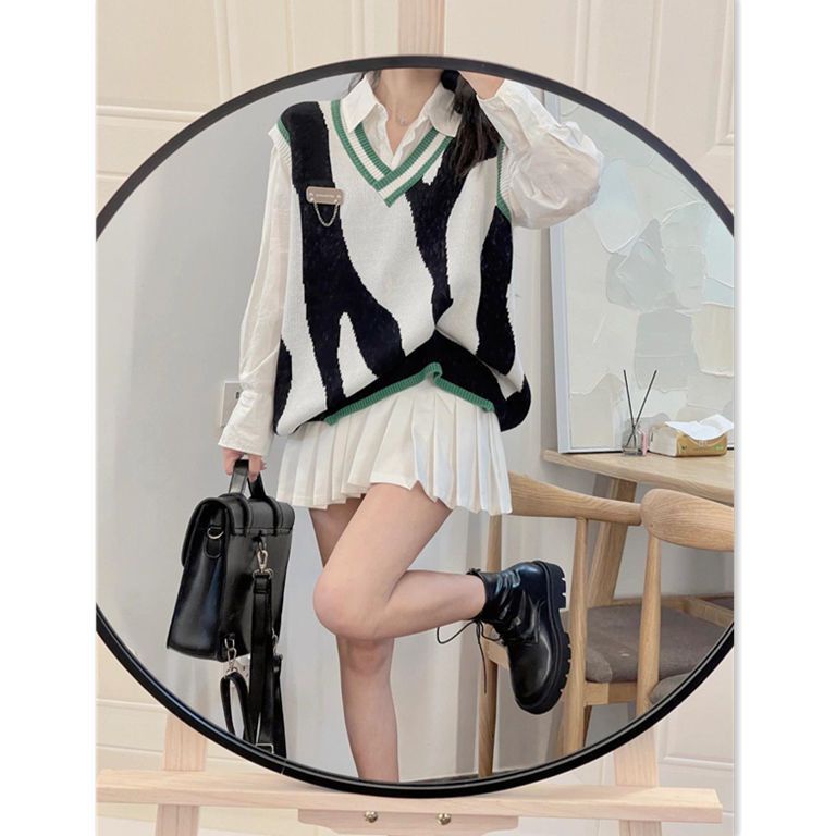 Bộ Áo Dệt Kim Sát Nách Màu Tương Phản + Áo Sơ Mi Thời Trang Hàn Quốc