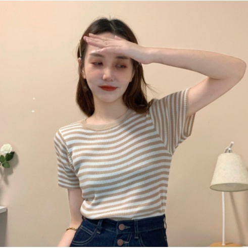 Áo thun nữ cổ tròn ngắn tay họa tiết kẻ sọc 8 màu thời trang 2022