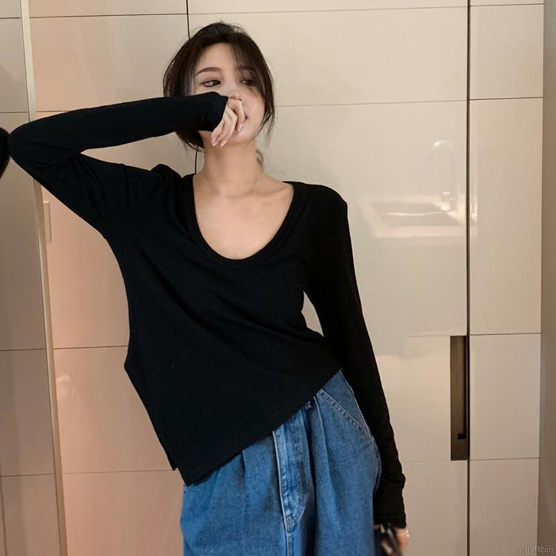 Áo Thun Cổ Chữ V Dáng Ôm Tay Dài Chống Nắng Thiết Kế Giản Dị Thời Trang Cho Nữ