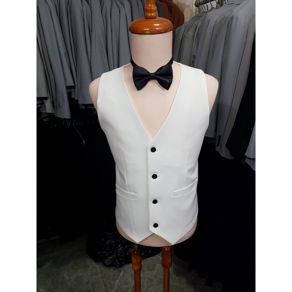 Áo gile nam form ôm body màu trắng tặng nơ đen
