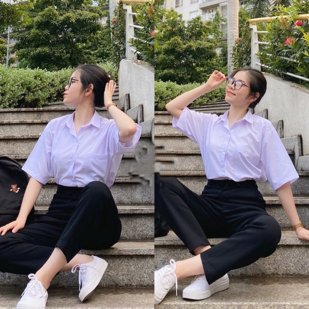 Áo sơ mi nữ tay ngắn lỡ đi học form rộng túi ngực cổ bẻ xanh trắng - Áo sơ mi trắng nữ cộc tay học sinh mặc đi học đẹp