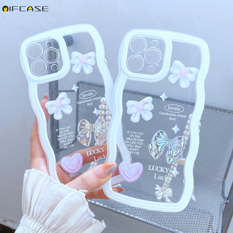Ốp Điện Thoại Mềm Trong Suốt Đính Nơ Kèm Dây Đeo Cho iPhone 13 12 11 Pro Max XS Max XR X 7 8 Plus