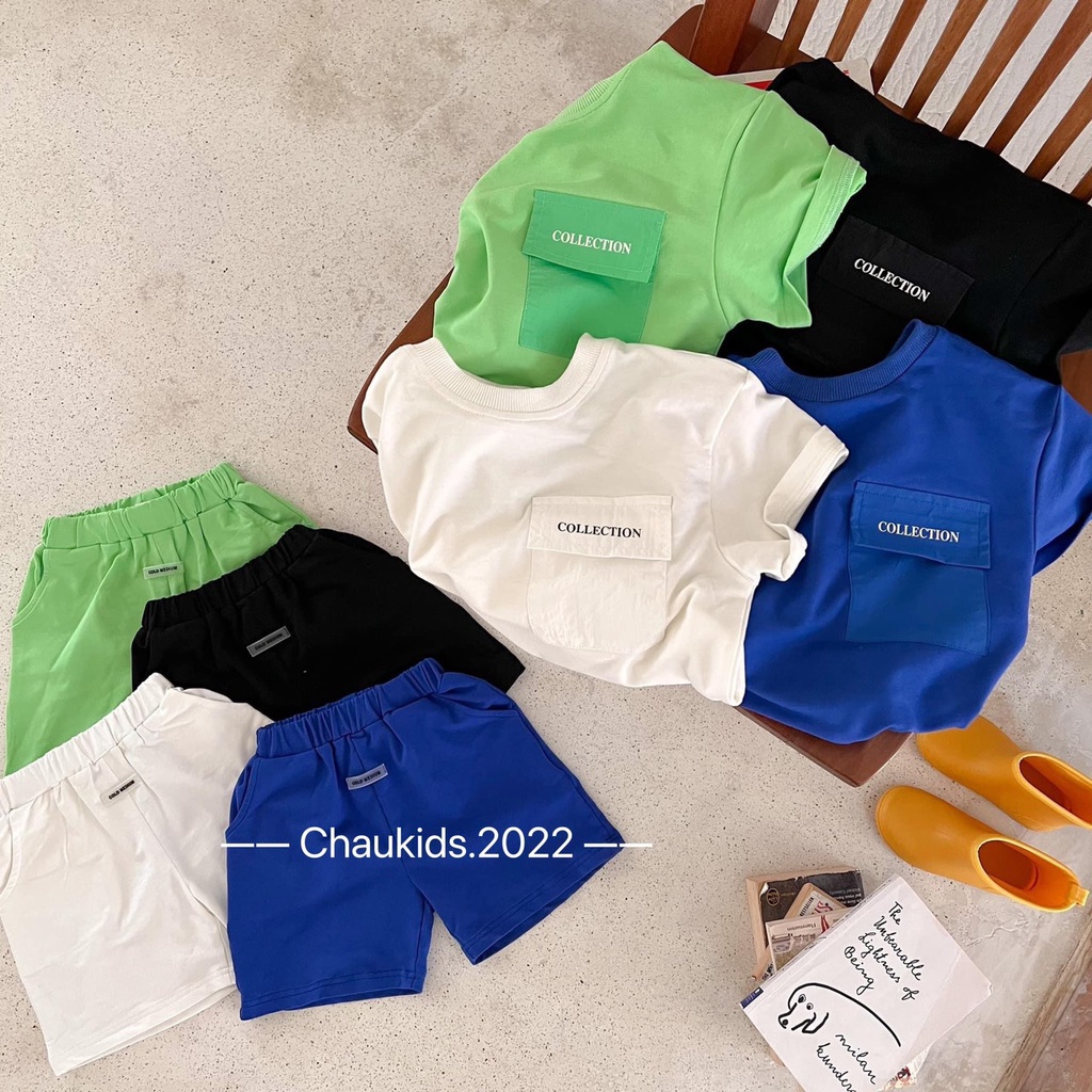 Bộ cộc tay bé trai, bộ đại chất cotton túi ngực chữ Collection phong cách Hàn quốc cho bé size 20-30kg