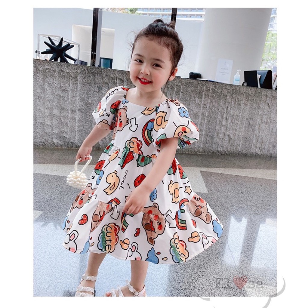 Váy bé gái hoạt hình cầu vồng dáng xòe tay bồng đáng yêu cho bé gái từ 8 đến 20 kg