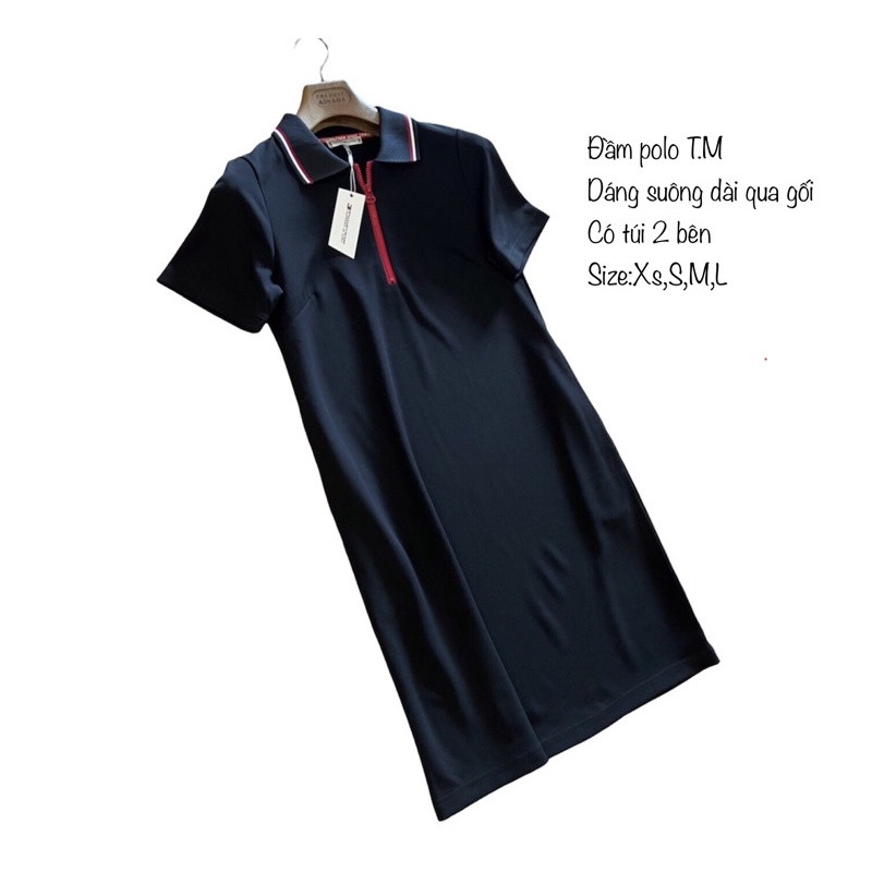 Đầm đen polo T.o.m.m.y dáng suông dài qua gối,có túi 2 bên