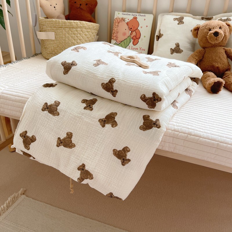 (Size Đại-Dày 6 lớp)Chăn Xô Muslin Tree Cao Cấp Họa tiết Gấu nâu Phong Cách Hàn Quốc Cho Bé 130*120cm