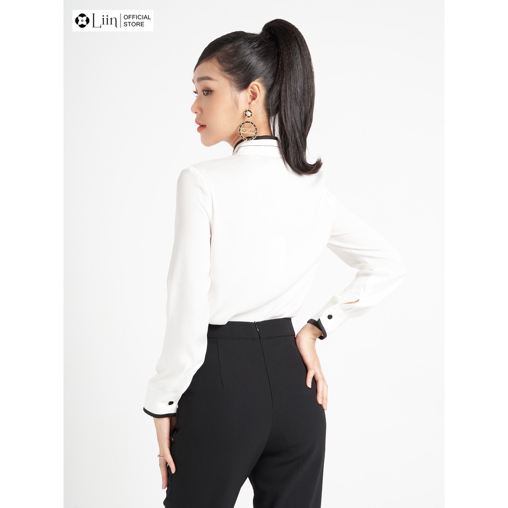 Áo sơ mi nữ Linbi thiết kế form công sở dài tay, cổ tàu, kết hợp trần chỉ thanh lịch liin clothing SM3565
