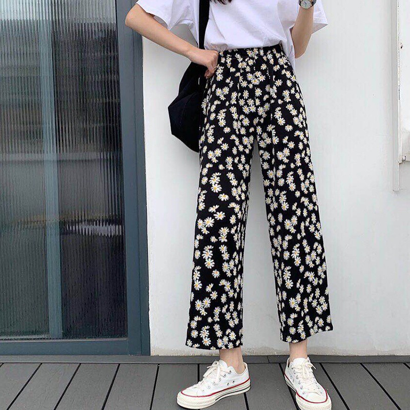 Quần Dài Ống Rộng Lưng Cao In Hoa Xinh Xắn Cho Nữ