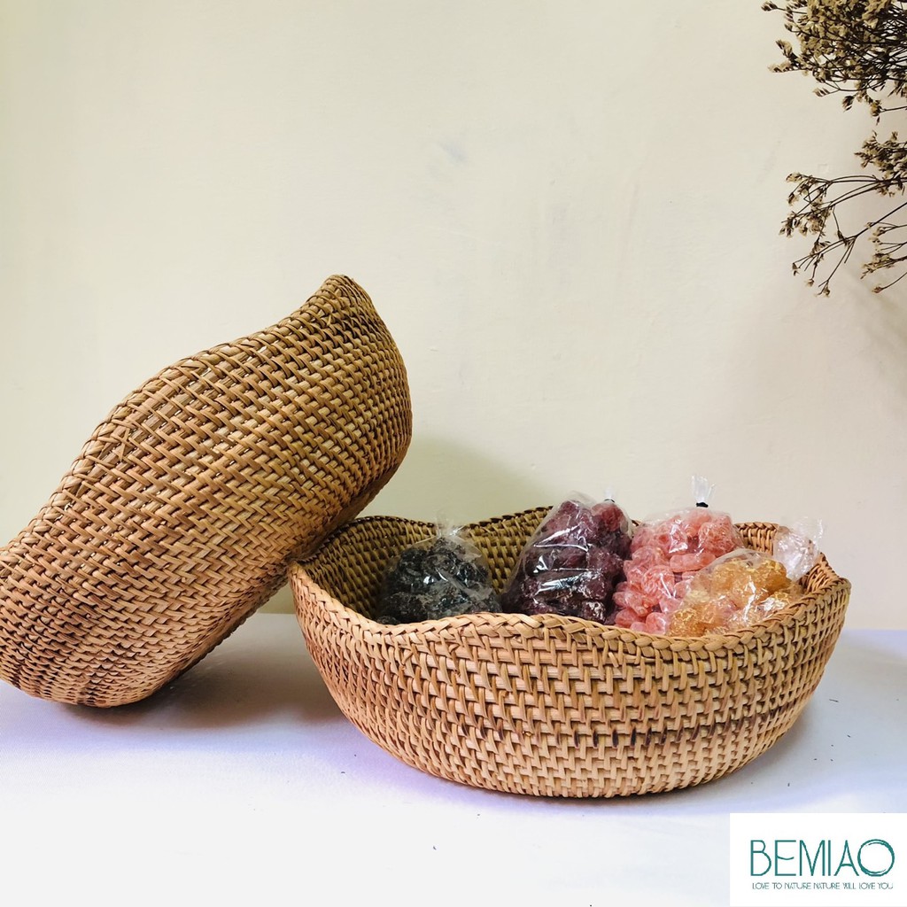 Rổ mây tre đan đựng đồ, hình tròn vành lượn sóng, đựng đồ ăn,hoa quả, bánh kẹo Decor trang trí nhà cửa Bemiao Shop