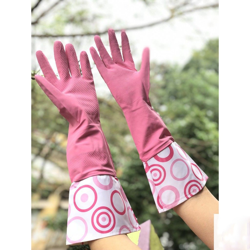 Găng tay rửa bát dáng dài 40cm size M Okamoto Nhật Bản các màu Hồng Xanh, size M,L (hàng nhập khẩu)