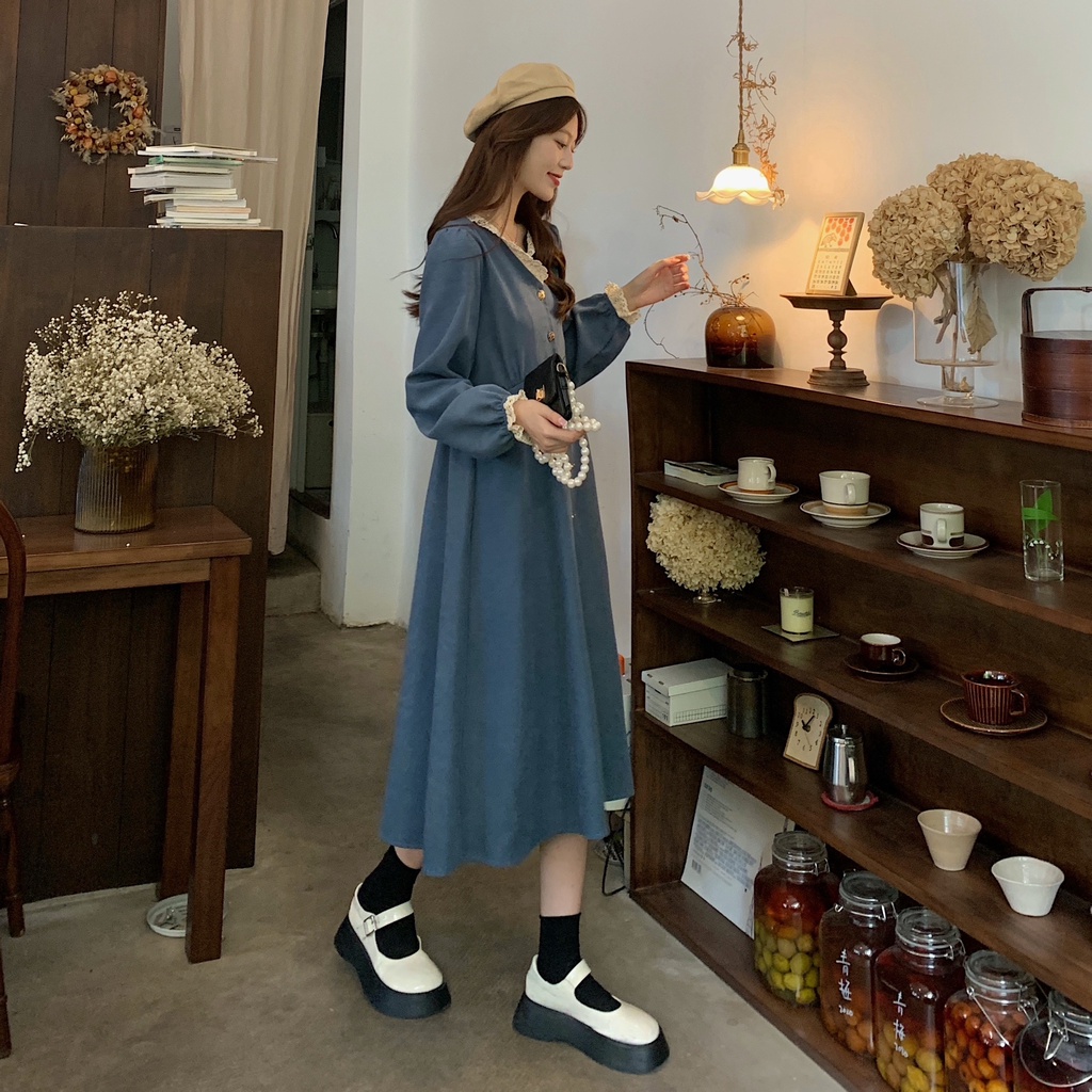Đầm PERTY vải nhung cổ chữ V dáng rộng phong cách retro thời trang dành cho nữ
